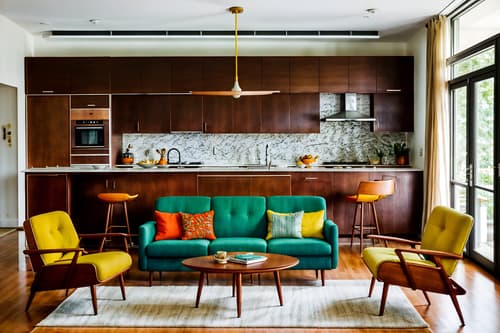 photo from pinterest of midcentury modern-style interior designed (kitchen living combo interior) with rug and coffee tables and chairs and furniture and sink and sofa and electric lamps and bookshelves. . with vibrant colors and natural and manmade materials and mid century modern mobile chandelier and function over form and minimalist and clean lines and muted tones and graphic shapes. . cinematic photo, highly detailed, cinematic lighting, ultra-detailed, ultrarealistic, photorealism, 8k. trending on pinterest. midcentury modern interior design style. masterpiece, cinematic light, ultrarealistic+, photorealistic+, 8k, raw photo, realistic, sharp focus on eyes, (symmetrical eyes), (intact eyes), hyperrealistic, highest quality, best quality, , highly detailed, masterpiece, best quality, extremely detailed 8k wallpaper, masterpiece, best quality, ultra-detailed, best shadow, detailed background, detailed face, detailed eyes, high contrast, best illumination, detailed face, dulux, caustic, dynamic angle, detailed glow. dramatic lighting. highly detailed, insanely detailed hair, symmetrical, intricate details, professionally retouched, 8k high definition. strong bokeh. award winning photo.