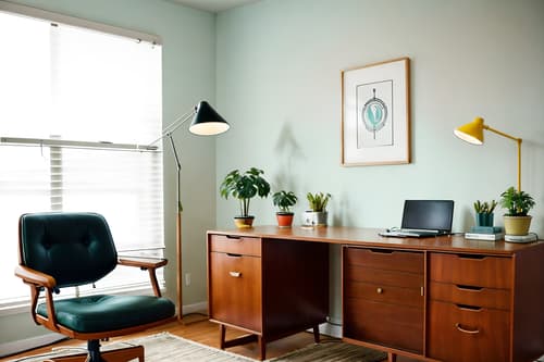 photo from pinterest of midcentury modern-style interior designed (home office interior) with office chair and computer desk and plant and desk lamp and cabinets and office chair. . with graphic shapes and function over form and minimalist and mid century modern mobile chandelier and vibrant colors and nature indoors and muted tones and clean lines. . cinematic photo, highly detailed, cinematic lighting, ultra-detailed, ultrarealistic, photorealism, 8k. trending on pinterest. midcentury modern interior design style. masterpiece, cinematic light, ultrarealistic+, photorealistic+, 8k, raw photo, realistic, sharp focus on eyes, (symmetrical eyes), (intact eyes), hyperrealistic, highest quality, best quality, , highly detailed, masterpiece, best quality, extremely detailed 8k wallpaper, masterpiece, best quality, ultra-detailed, best shadow, detailed background, detailed face, detailed eyes, high contrast, best illumination, detailed face, dulux, caustic, dynamic angle, detailed glow. dramatic lighting. highly detailed, insanely detailed hair, symmetrical, intricate details, professionally retouched, 8k high definition. strong bokeh. award winning photo.