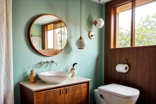 photo from pinterest of midcentury modern-style interior designed (toilet interior) with toilet with toilet seat up and toilet paper hanger and sink with tap and toilet with toilet seat up. . with minimalist and mid century modern mobile chandelier and graphic shapes and wood pendant light mid century modern chandelier and integrating indoor and outdoor motifs and natural and manmade materials and organic and geometric shapes and muted tones. . cinematic photo, highly detailed, cinematic lighting, ultra-detailed, ultrarealistic, photorealism, 8k. trending on pinterest. midcentury modern interior design style. masterpiece, cinematic light, ultrarealistic+, photorealistic+, 8k, raw photo, realistic, sharp focus on eyes, (symmetrical eyes), (intact eyes), hyperrealistic, highest quality, best quality, , highly detailed, masterpiece, best quality, extremely detailed 8k wallpaper, masterpiece, best quality, ultra-detailed, best shadow, detailed background, detailed face, detailed eyes, high contrast, best illumination, detailed face, dulux, caustic, dynamic angle, detailed glow. dramatic lighting. highly detailed, insanely detailed hair, symmetrical, intricate details, professionally retouched, 8k high definition. strong bokeh. award winning photo.