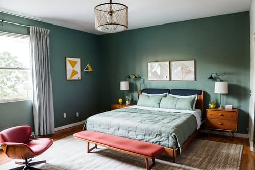photo from pinterest of midcentury modern-style interior designed (kids room interior) with storage bench or ottoman and headboard and bed and plant and kids desk and dresser closet and bedside table or night stand and accent chair. . with organic and geometric shapes and mid century modern mobile chandelier and minimalist and nature indoors and muted tones and function over form and graphic shapes and clean lines. . cinematic photo, highly detailed, cinematic lighting, ultra-detailed, ultrarealistic, photorealism, 8k. trending on pinterest. midcentury modern interior design style. masterpiece, cinematic light, ultrarealistic+, photorealistic+, 8k, raw photo, realistic, sharp focus on eyes, (symmetrical eyes), (intact eyes), hyperrealistic, highest quality, best quality, , highly detailed, masterpiece, best quality, extremely detailed 8k wallpaper, masterpiece, best quality, ultra-detailed, best shadow, detailed background, detailed face, detailed eyes, high contrast, best illumination, detailed face, dulux, caustic, dynamic angle, detailed glow. dramatic lighting. highly detailed, insanely detailed hair, symmetrical, intricate details, professionally retouched, 8k high definition. strong bokeh. award winning photo.