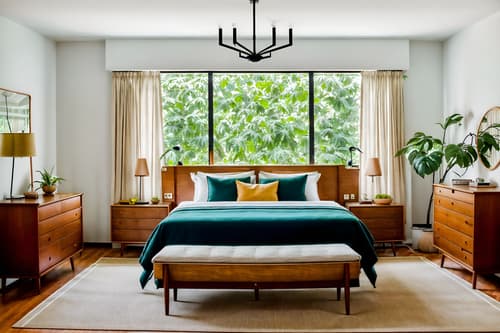 photo from pinterest of midcentury modern-style interior designed (hotel room interior) with bed and dresser closet and storage bench or ottoman and mirror and bedside table or night stand and accent chair and plant and headboard. . with minimalist and function over form and integrating indoor and outdoor motifs and graphic shapes and clean lines and wood pendant light mid century modern chandelier and muted tones and natural and manmade materials. . cinematic photo, highly detailed, cinematic lighting, ultra-detailed, ultrarealistic, photorealism, 8k. trending on pinterest. midcentury modern interior design style. masterpiece, cinematic light, ultrarealistic+, photorealistic+, 8k, raw photo, realistic, sharp focus on eyes, (symmetrical eyes), (intact eyes), hyperrealistic, highest quality, best quality, , highly detailed, masterpiece, best quality, extremely detailed 8k wallpaper, masterpiece, best quality, ultra-detailed, best shadow, detailed background, detailed face, detailed eyes, high contrast, best illumination, detailed face, dulux, caustic, dynamic angle, detailed glow. dramatic lighting. highly detailed, insanely detailed hair, symmetrical, intricate details, professionally retouched, 8k high definition. strong bokeh. award winning photo.