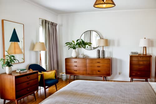 photo from pinterest of midcentury modern-style interior designed (hotel room interior) with bed and dresser closet and storage bench or ottoman and mirror and bedside table or night stand and accent chair and plant and headboard. . with minimalist and function over form and integrating indoor and outdoor motifs and graphic shapes and clean lines and wood pendant light mid century modern chandelier and muted tones and natural and manmade materials. . cinematic photo, highly detailed, cinematic lighting, ultra-detailed, ultrarealistic, photorealism, 8k. trending on pinterest. midcentury modern interior design style. masterpiece, cinematic light, ultrarealistic+, photorealistic+, 8k, raw photo, realistic, sharp focus on eyes, (symmetrical eyes), (intact eyes), hyperrealistic, highest quality, best quality, , highly detailed, masterpiece, best quality, extremely detailed 8k wallpaper, masterpiece, best quality, ultra-detailed, best shadow, detailed background, detailed face, detailed eyes, high contrast, best illumination, detailed face, dulux, caustic, dynamic angle, detailed glow. dramatic lighting. highly detailed, insanely detailed hair, symmetrical, intricate details, professionally retouched, 8k high definition. strong bokeh. award winning photo.