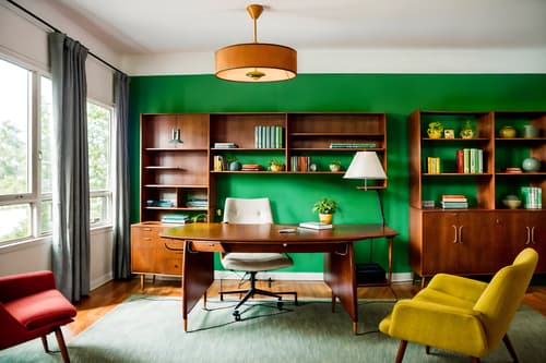 photo from pinterest of midcentury modern-style interior designed (study room interior) with lounge chair and desk lamp and bookshelves and cabinets and office chair and writing desk and plant and lounge chair. . with nature indoors and minimalist and graphic shapes and mid century modern mobile chandelier and vibrant colors and muted tones and function over form and natural and manmade materials. . cinematic photo, highly detailed, cinematic lighting, ultra-detailed, ultrarealistic, photorealism, 8k. trending on pinterest. midcentury modern interior design style. masterpiece, cinematic light, ultrarealistic+, photorealistic+, 8k, raw photo, realistic, sharp focus on eyes, (symmetrical eyes), (intact eyes), hyperrealistic, highest quality, best quality, , highly detailed, masterpiece, best quality, extremely detailed 8k wallpaper, masterpiece, best quality, ultra-detailed, best shadow, detailed background, detailed face, detailed eyes, high contrast, best illumination, detailed face, dulux, caustic, dynamic angle, detailed glow. dramatic lighting. highly detailed, insanely detailed hair, symmetrical, intricate details, professionally retouched, 8k high definition. strong bokeh. award winning photo.