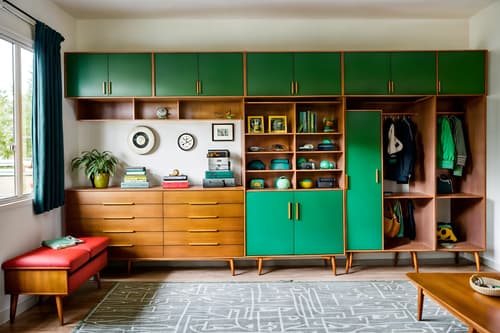 photo from pinterest of midcentury modern-style interior designed (drop zone interior) with shelves for shoes and a bench and storage drawers and storage baskets and wall hooks for coats and cabinets and lockers and high up storage. . with clean lines and integrating indoor and outdoor motifs and organic and geometric shapes and function over form and vibrant colors and nature indoors and natural and manmade materials and graphic shapes. . cinematic photo, highly detailed, cinematic lighting, ultra-detailed, ultrarealistic, photorealism, 8k. trending on pinterest. midcentury modern interior design style. masterpiece, cinematic light, ultrarealistic+, photorealistic+, 8k, raw photo, realistic, sharp focus on eyes, (symmetrical eyes), (intact eyes), hyperrealistic, highest quality, best quality, , highly detailed, masterpiece, best quality, extremely detailed 8k wallpaper, masterpiece, best quality, ultra-detailed, best shadow, detailed background, detailed face, detailed eyes, high contrast, best illumination, detailed face, dulux, caustic, dynamic angle, detailed glow. dramatic lighting. highly detailed, insanely detailed hair, symmetrical, intricate details, professionally retouched, 8k high definition. strong bokeh. award winning photo.