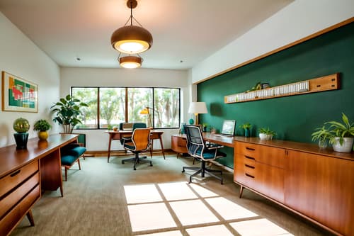 photo from pinterest of midcentury modern-style interior designed (office interior) with computer desks and lounge chairs and office desks and cabinets and windows and office chairs and desk lamps and plants. . with mid century modern mobile chandelier and muted tones and natural and manmade materials and clean lines and nature indoors and organic and geometric shapes and wood pendant light mid century modern chandelier and vibrant colors. . cinematic photo, highly detailed, cinematic lighting, ultra-detailed, ultrarealistic, photorealism, 8k. trending on pinterest. midcentury modern interior design style. masterpiece, cinematic light, ultrarealistic+, photorealistic+, 8k, raw photo, realistic, sharp focus on eyes, (symmetrical eyes), (intact eyes), hyperrealistic, highest quality, best quality, , highly detailed, masterpiece, best quality, extremely detailed 8k wallpaper, masterpiece, best quality, ultra-detailed, best shadow, detailed background, detailed face, detailed eyes, high contrast, best illumination, detailed face, dulux, caustic, dynamic angle, detailed glow. dramatic lighting. highly detailed, insanely detailed hair, symmetrical, intricate details, professionally retouched, 8k high definition. strong bokeh. award winning photo.