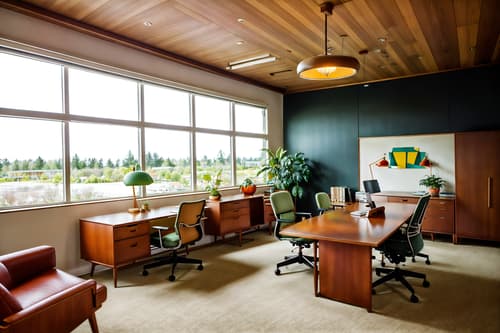 photo from pinterest of midcentury modern-style interior designed (office interior) with computer desks and lounge chairs and office desks and cabinets and windows and office chairs and desk lamps and plants. . with mid century modern mobile chandelier and muted tones and natural and manmade materials and clean lines and nature indoors and organic and geometric shapes and wood pendant light mid century modern chandelier and vibrant colors. . cinematic photo, highly detailed, cinematic lighting, ultra-detailed, ultrarealistic, photorealism, 8k. trending on pinterest. midcentury modern interior design style. masterpiece, cinematic light, ultrarealistic+, photorealistic+, 8k, raw photo, realistic, sharp focus on eyes, (symmetrical eyes), (intact eyes), hyperrealistic, highest quality, best quality, , highly detailed, masterpiece, best quality, extremely detailed 8k wallpaper, masterpiece, best quality, ultra-detailed, best shadow, detailed background, detailed face, detailed eyes, high contrast, best illumination, detailed face, dulux, caustic, dynamic angle, detailed glow. dramatic lighting. highly detailed, insanely detailed hair, symmetrical, intricate details, professionally retouched, 8k high definition. strong bokeh. award winning photo.