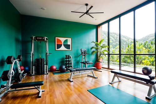 photo from pinterest of midcentury modern-style interior designed (fitness gym interior) with crosstrainer and bench press and squat rack and dumbbell stand and exercise bicycle and crosstrainer. . with minimalist and clean lines and integrating indoor and outdoor motifs and organic and geometric shapes and vibrant colors and graphic shapes and natural and manmade materials and function over form. . cinematic photo, highly detailed, cinematic lighting, ultra-detailed, ultrarealistic, photorealism, 8k. trending on pinterest. midcentury modern interior design style. masterpiece, cinematic light, ultrarealistic+, photorealistic+, 8k, raw photo, realistic, sharp focus on eyes, (symmetrical eyes), (intact eyes), hyperrealistic, highest quality, best quality, , highly detailed, masterpiece, best quality, extremely detailed 8k wallpaper, masterpiece, best quality, ultra-detailed, best shadow, detailed background, detailed face, detailed eyes, high contrast, best illumination, detailed face, dulux, caustic, dynamic angle, detailed glow. dramatic lighting. highly detailed, insanely detailed hair, symmetrical, intricate details, professionally retouched, 8k high definition. strong bokeh. award winning photo.