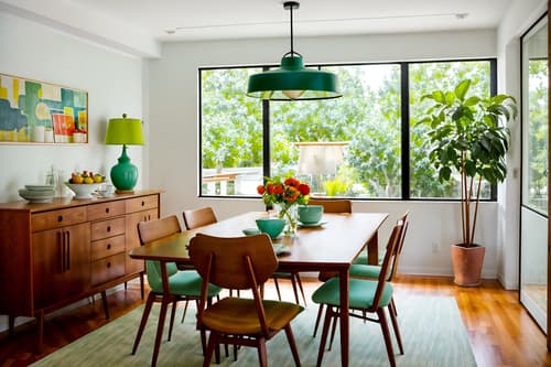 photo from pinterest of midcentury modern-style interior designed (dining room interior) with bookshelves and table cloth and vase and dining table chairs and dining table and plant and plates, cutlery and glasses on dining table and painting or photo on wall. . with integrating indoor and outdoor motifs and clean lines and muted tones and vibrant colors and minimalist and function over form and wood pendant light mid century modern chandelier and nature indoors. . cinematic photo, highly detailed, cinematic lighting, ultra-detailed, ultrarealistic, photorealism, 8k. trending on pinterest. midcentury modern interior design style. masterpiece, cinematic light, ultrarealistic+, photorealistic+, 8k, raw photo, realistic, sharp focus on eyes, (symmetrical eyes), (intact eyes), hyperrealistic, highest quality, best quality, , highly detailed, masterpiece, best quality, extremely detailed 8k wallpaper, masterpiece, best quality, ultra-detailed, best shadow, detailed background, detailed face, detailed eyes, high contrast, best illumination, detailed face, dulux, caustic, dynamic angle, detailed glow. dramatic lighting. highly detailed, insanely detailed hair, symmetrical, intricate details, professionally retouched, 8k high definition. strong bokeh. award winning photo.