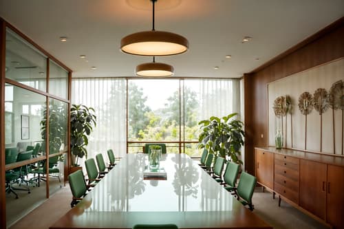 photo from pinterest of midcentury modern-style interior designed (meeting room interior) with glass walls and painting or photo on wall and glass doors and cabinets and office chairs and plant and vase and boardroom table. . with nature indoors and muted tones and wood pendant light mid century modern chandelier and integrating indoor and outdoor motifs and clean lines and vibrant colors and minimalist and organic and geometric shapes. . cinematic photo, highly detailed, cinematic lighting, ultra-detailed, ultrarealistic, photorealism, 8k. trending on pinterest. midcentury modern interior design style. masterpiece, cinematic light, ultrarealistic+, photorealistic+, 8k, raw photo, realistic, sharp focus on eyes, (symmetrical eyes), (intact eyes), hyperrealistic, highest quality, best quality, , highly detailed, masterpiece, best quality, extremely detailed 8k wallpaper, masterpiece, best quality, ultra-detailed, best shadow, detailed background, detailed face, detailed eyes, high contrast, best illumination, detailed face, dulux, caustic, dynamic angle, detailed glow. dramatic lighting. highly detailed, insanely detailed hair, symmetrical, intricate details, professionally retouched, 8k high definition. strong bokeh. award winning photo.