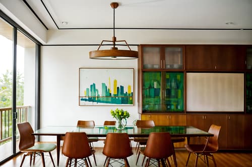 photo from pinterest of midcentury modern-style interior designed (meeting room interior) with glass walls and painting or photo on wall and glass doors and cabinets and office chairs and plant and vase and boardroom table. . with nature indoors and muted tones and wood pendant light mid century modern chandelier and integrating indoor and outdoor motifs and clean lines and vibrant colors and minimalist and organic and geometric shapes. . cinematic photo, highly detailed, cinematic lighting, ultra-detailed, ultrarealistic, photorealism, 8k. trending on pinterest. midcentury modern interior design style. masterpiece, cinematic light, ultrarealistic+, photorealistic+, 8k, raw photo, realistic, sharp focus on eyes, (symmetrical eyes), (intact eyes), hyperrealistic, highest quality, best quality, , highly detailed, masterpiece, best quality, extremely detailed 8k wallpaper, masterpiece, best quality, ultra-detailed, best shadow, detailed background, detailed face, detailed eyes, high contrast, best illumination, detailed face, dulux, caustic, dynamic angle, detailed glow. dramatic lighting. highly detailed, insanely detailed hair, symmetrical, intricate details, professionally retouched, 8k high definition. strong bokeh. award winning photo.