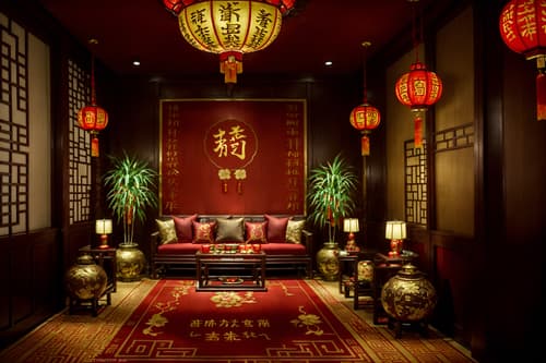 photo from pinterest of chinese new year-style interior designed (coffee shop interior) . with zodiac calendar and money tree and chinese knots and red and gold candles and mei hwa flowers and vases of plum blossoms and orchids and paper cuttings and chinese red lanterns. . cinematic photo, highly detailed, cinematic lighting, ultra-detailed, ultrarealistic, photorealism, 8k. trending on pinterest. chinese new year interior design style. masterpiece, cinematic light, ultrarealistic+, photorealistic+, 8k, raw photo, realistic, sharp focus on eyes, (symmetrical eyes), (intact eyes), hyperrealistic, highest quality, best quality, , highly detailed, masterpiece, best quality, extremely detailed 8k wallpaper, masterpiece, best quality, ultra-detailed, best shadow, detailed background, detailed face, detailed eyes, high contrast, best illumination, detailed face, dulux, caustic, dynamic angle, detailed glow. dramatic lighting. highly detailed, insanely detailed hair, symmetrical, intricate details, professionally retouched, 8k high definition. strong bokeh. award winning photo.
