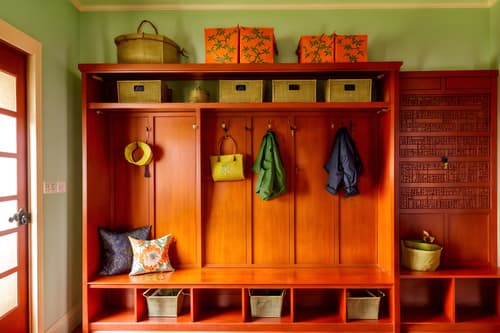 photo from pinterest of chinese new year-style interior designed (mudroom interior) with cubbies and storage baskets and wall hooks for coats and storage drawers and shelves for shoes and high up storage and a bench and cabinets. . with orange trees and door couplets and kumquat trees and mei hwa flowers and money tree and paper firecrackers and paper cuttings and chinese red lanterns. . cinematic photo, highly detailed, cinematic lighting, ultra-detailed, ultrarealistic, photorealism, 8k. trending on pinterest. chinese new year interior design style. masterpiece, cinematic light, ultrarealistic+, photorealistic+, 8k, raw photo, realistic, sharp focus on eyes, (symmetrical eyes), (intact eyes), hyperrealistic, highest quality, best quality, , highly detailed, masterpiece, best quality, extremely detailed 8k wallpaper, masterpiece, best quality, ultra-detailed, best shadow, detailed background, detailed face, detailed eyes, high contrast, best illumination, detailed face, dulux, caustic, dynamic angle, detailed glow. dramatic lighting. highly detailed, insanely detailed hair, symmetrical, intricate details, professionally retouched, 8k high definition. strong bokeh. award winning photo.