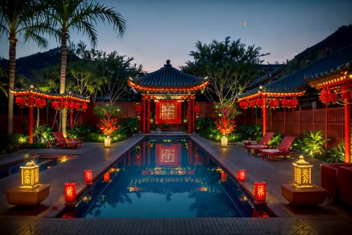photo from pinterest of chinese new year-style designed (outdoor pool area ) with pool lights and pool and pool lounge chairs and pool lights. . with red and gold candles and red and gold tassels and mei hwa flowers and money tree and paper firecrackers and orange trees and vases of plum blossoms and orchids and door couplets. . cinematic photo, highly detailed, cinematic lighting, ultra-detailed, ultrarealistic, photorealism, 8k. trending on pinterest. chinese new year design style. masterpiece, cinematic light, ultrarealistic+, photorealistic+, 8k, raw photo, realistic, sharp focus on eyes, (symmetrical eyes), (intact eyes), hyperrealistic, highest quality, best quality, , highly detailed, masterpiece, best quality, extremely detailed 8k wallpaper, masterpiece, best quality, ultra-detailed, best shadow, detailed background, detailed face, detailed eyes, high contrast, best illumination, detailed face, dulux, caustic, dynamic angle, detailed glow. dramatic lighting. highly detailed, insanely detailed hair, symmetrical, intricate details, professionally retouched, 8k high definition. strong bokeh. award winning photo.
