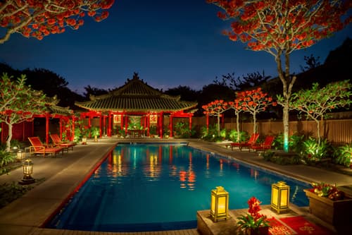 photo from pinterest of chinese new year-style designed (outdoor pool area ) with pool lights and pool and pool lounge chairs and pool lights. . with red and gold candles and red and gold tassels and mei hwa flowers and money tree and paper firecrackers and orange trees and vases of plum blossoms and orchids and door couplets. . cinematic photo, highly detailed, cinematic lighting, ultra-detailed, ultrarealistic, photorealism, 8k. trending on pinterest. chinese new year design style. masterpiece, cinematic light, ultrarealistic+, photorealistic+, 8k, raw photo, realistic, sharp focus on eyes, (symmetrical eyes), (intact eyes), hyperrealistic, highest quality, best quality, , highly detailed, masterpiece, best quality, extremely detailed 8k wallpaper, masterpiece, best quality, ultra-detailed, best shadow, detailed background, detailed face, detailed eyes, high contrast, best illumination, detailed face, dulux, caustic, dynamic angle, detailed glow. dramatic lighting. highly detailed, insanely detailed hair, symmetrical, intricate details, professionally retouched, 8k high definition. strong bokeh. award winning photo.