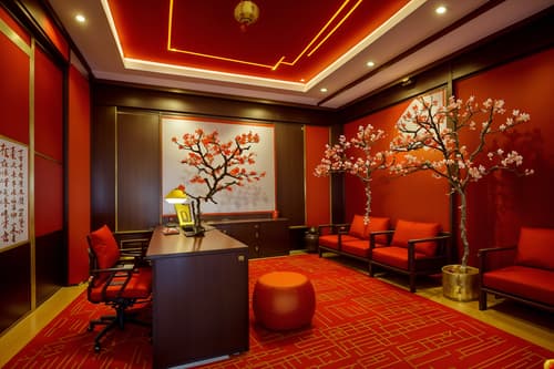 photo from pinterest of chinese new year-style interior designed (coworking space interior) with office desks and office chairs and seating area with sofa and lounge chairs and office desks. . with paper firecrackers and money tree and chinese knots and door couplets and red and gold candles and orange trees and vases of plum blossoms and orchids and mei hwa flowers. . cinematic photo, highly detailed, cinematic lighting, ultra-detailed, ultrarealistic, photorealism, 8k. trending on pinterest. chinese new year interior design style. masterpiece, cinematic light, ultrarealistic+, photorealistic+, 8k, raw photo, realistic, sharp focus on eyes, (symmetrical eyes), (intact eyes), hyperrealistic, highest quality, best quality, , highly detailed, masterpiece, best quality, extremely detailed 8k wallpaper, masterpiece, best quality, ultra-detailed, best shadow, detailed background, detailed face, detailed eyes, high contrast, best illumination, detailed face, dulux, caustic, dynamic angle, detailed glow. dramatic lighting. highly detailed, insanely detailed hair, symmetrical, intricate details, professionally retouched, 8k high definition. strong bokeh. award winning photo.