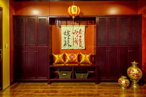 photo from pinterest of chinese new year-style interior designed (drop zone interior) with cabinets and wall hooks for coats and high up storage and cubbies and storage drawers and shelves for shoes and a bench and lockers. . with vases of plum blossoms and orchids and orange trees and chinese knots and door couplets and chinese red lanterns and red and gold candles and fai chun banners and paper firecrackers. . cinematic photo, highly detailed, cinematic lighting, ultra-detailed, ultrarealistic, photorealism, 8k. trending on pinterest. chinese new year interior design style. masterpiece, cinematic light, ultrarealistic+, photorealistic+, 8k, raw photo, realistic, sharp focus on eyes, (symmetrical eyes), (intact eyes), hyperrealistic, highest quality, best quality, , highly detailed, masterpiece, best quality, extremely detailed 8k wallpaper, masterpiece, best quality, ultra-detailed, best shadow, detailed background, detailed face, detailed eyes, high contrast, best illumination, detailed face, dulux, caustic, dynamic angle, detailed glow. dramatic lighting. highly detailed, insanely detailed hair, symmetrical, intricate details, professionally retouched, 8k high definition. strong bokeh. award winning photo.