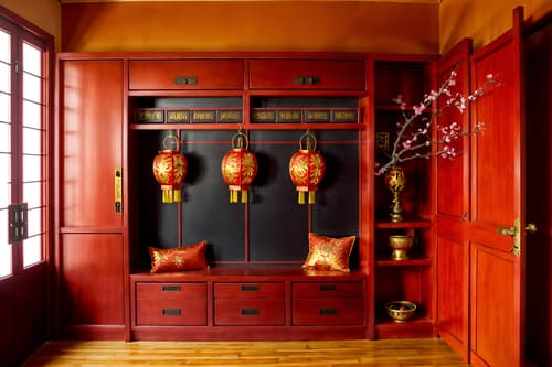 photo from pinterest of chinese new year-style interior designed (drop zone interior) with cabinets and wall hooks for coats and high up storage and cubbies and storage drawers and shelves for shoes and a bench and lockers. . with vases of plum blossoms and orchids and orange trees and chinese knots and door couplets and chinese red lanterns and red and gold candles and fai chun banners and paper firecrackers. . cinematic photo, highly detailed, cinematic lighting, ultra-detailed, ultrarealistic, photorealism, 8k. trending on pinterest. chinese new year interior design style. masterpiece, cinematic light, ultrarealistic+, photorealistic+, 8k, raw photo, realistic, sharp focus on eyes, (symmetrical eyes), (intact eyes), hyperrealistic, highest quality, best quality, , highly detailed, masterpiece, best quality, extremely detailed 8k wallpaper, masterpiece, best quality, ultra-detailed, best shadow, detailed background, detailed face, detailed eyes, high contrast, best illumination, detailed face, dulux, caustic, dynamic angle, detailed glow. dramatic lighting. highly detailed, insanely detailed hair, symmetrical, intricate details, professionally retouched, 8k high definition. strong bokeh. award winning photo.