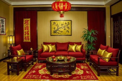 photo from pinterest of chinese new year-style interior designed (living room interior) with plant and occasional tables and televisions and furniture and electric lamps and coffee tables and rug and chairs. . with gold ingots and door couplets and vases of plum blossoms and orchids and chinese red lanterns and fai chun banners and red and gold tassels and red fabric & pillows and paper cuttings. . cinematic photo, highly detailed, cinematic lighting, ultra-detailed, ultrarealistic, photorealism, 8k. trending on pinterest. chinese new year interior design style. masterpiece, cinematic light, ultrarealistic+, photorealistic+, 8k, raw photo, realistic, sharp focus on eyes, (symmetrical eyes), (intact eyes), hyperrealistic, highest quality, best quality, , highly detailed, masterpiece, best quality, extremely detailed 8k wallpaper, masterpiece, best quality, ultra-detailed, best shadow, detailed background, detailed face, detailed eyes, high contrast, best illumination, detailed face, dulux, caustic, dynamic angle, detailed glow. dramatic lighting. highly detailed, insanely detailed hair, symmetrical, intricate details, professionally retouched, 8k high definition. strong bokeh. award winning photo.