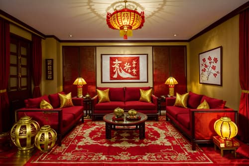 photo from pinterest of chinese new year-style interior designed (living room interior) with plant and occasional tables and televisions and furniture and electric lamps and coffee tables and rug and chairs. . with gold ingots and door couplets and vases of plum blossoms and orchids and chinese red lanterns and fai chun banners and red and gold tassels and red fabric & pillows and paper cuttings. . cinematic photo, highly detailed, cinematic lighting, ultra-detailed, ultrarealistic, photorealism, 8k. trending on pinterest. chinese new year interior design style. masterpiece, cinematic light, ultrarealistic+, photorealistic+, 8k, raw photo, realistic, sharp focus on eyes, (symmetrical eyes), (intact eyes), hyperrealistic, highest quality, best quality, , highly detailed, masterpiece, best quality, extremely detailed 8k wallpaper, masterpiece, best quality, ultra-detailed, best shadow, detailed background, detailed face, detailed eyes, high contrast, best illumination, detailed face, dulux, caustic, dynamic angle, detailed glow. dramatic lighting. highly detailed, insanely detailed hair, symmetrical, intricate details, professionally retouched, 8k high definition. strong bokeh. award winning photo.