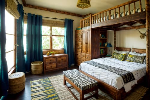 photo from pinterest of tribal-style interior designed (kids room interior) with storage bench or ottoman and dresser closet and kids desk and headboard and bedside table or night stand and plant and mirror and night light. . with planks of stone and animal prints and smooth worn timbers and exuberant splashes of colour and tribal revival and hand dyed batik fabrics and intricate grass weaving and desert colours. . cinematic photo, highly detailed, cinematic lighting, ultra-detailed, ultrarealistic, photorealism, 8k. trending on pinterest. tribal interior design style. masterpiece, cinematic light, ultrarealistic+, photorealistic+, 8k, raw photo, realistic, sharp focus on eyes, (symmetrical eyes), (intact eyes), hyperrealistic, highest quality, best quality, , highly detailed, masterpiece, best quality, extremely detailed 8k wallpaper, masterpiece, best quality, ultra-detailed, best shadow, detailed background, detailed face, detailed eyes, high contrast, best illumination, detailed face, dulux, caustic, dynamic angle, detailed glow. dramatic lighting. highly detailed, insanely detailed hair, symmetrical, intricate details, professionally retouched, 8k high definition. strong bokeh. award winning photo.