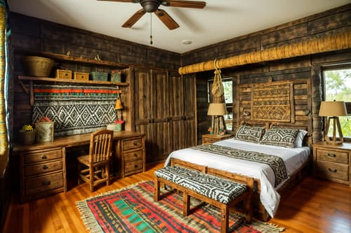 photo from pinterest of tribal-style interior designed (kids room interior) with storage bench or ottoman and dresser closet and kids desk and headboard and bedside table or night stand and plant and mirror and night light. . with planks of stone and animal prints and smooth worn timbers and exuberant splashes of colour and tribal revival and hand dyed batik fabrics and intricate grass weaving and desert colours. . cinematic photo, highly detailed, cinematic lighting, ultra-detailed, ultrarealistic, photorealism, 8k. trending on pinterest. tribal interior design style. masterpiece, cinematic light, ultrarealistic+, photorealistic+, 8k, raw photo, realistic, sharp focus on eyes, (symmetrical eyes), (intact eyes), hyperrealistic, highest quality, best quality, , highly detailed, masterpiece, best quality, extremely detailed 8k wallpaper, masterpiece, best quality, ultra-detailed, best shadow, detailed background, detailed face, detailed eyes, high contrast, best illumination, detailed face, dulux, caustic, dynamic angle, detailed glow. dramatic lighting. highly detailed, insanely detailed hair, symmetrical, intricate details, professionally retouched, 8k high definition. strong bokeh. award winning photo.