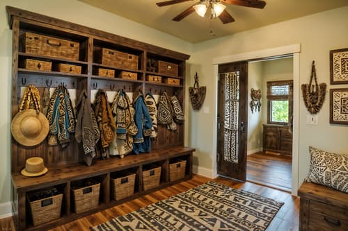 photo from pinterest of tribal-style interior designed (mudroom interior) with cubbies and wall hooks for coats and cabinets and a bench and storage baskets and shelves for shoes and storage drawers and high up storage. . with tribal patterns and tribal revival and planks of stone and animal prints and sculptures and artworks and smooth worn timbers and desert colours and animal furslinen. . cinematic photo, highly detailed, cinematic lighting, ultra-detailed, ultrarealistic, photorealism, 8k. trending on pinterest. tribal interior design style. masterpiece, cinematic light, ultrarealistic+, photorealistic+, 8k, raw photo, realistic, sharp focus on eyes, (symmetrical eyes), (intact eyes), hyperrealistic, highest quality, best quality, , highly detailed, masterpiece, best quality, extremely detailed 8k wallpaper, masterpiece, best quality, ultra-detailed, best shadow, detailed background, detailed face, detailed eyes, high contrast, best illumination, detailed face, dulux, caustic, dynamic angle, detailed glow. dramatic lighting. highly detailed, insanely detailed hair, symmetrical, intricate details, professionally retouched, 8k high definition. strong bokeh. award winning photo.