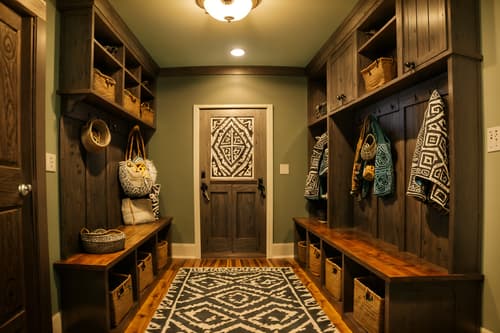 photo from pinterest of tribal-style interior designed (mudroom interior) with cubbies and wall hooks for coats and cabinets and a bench and storage baskets and shelves for shoes and storage drawers and high up storage. . with tribal patterns and tribal revival and planks of stone and animal prints and sculptures and artworks and smooth worn timbers and desert colours and animal furslinen. . cinematic photo, highly detailed, cinematic lighting, ultra-detailed, ultrarealistic, photorealism, 8k. trending on pinterest. tribal interior design style. masterpiece, cinematic light, ultrarealistic+, photorealistic+, 8k, raw photo, realistic, sharp focus on eyes, (symmetrical eyes), (intact eyes), hyperrealistic, highest quality, best quality, , highly detailed, masterpiece, best quality, extremely detailed 8k wallpaper, masterpiece, best quality, ultra-detailed, best shadow, detailed background, detailed face, detailed eyes, high contrast, best illumination, detailed face, dulux, caustic, dynamic angle, detailed glow. dramatic lighting. highly detailed, insanely detailed hair, symmetrical, intricate details, professionally retouched, 8k high definition. strong bokeh. award winning photo.