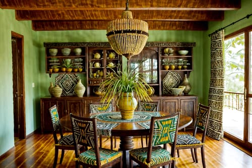 photo from pinterest of tribal-style interior designed (dining room interior) with light or chandelier and bookshelves and dining table and table cloth and dining table chairs and painting or photo on wall and vase and plant. . with hand dyed batik fabrics and intricate grass weaving and animal prints and exuberant splashes of colour and smooth worn timbers and desert colours and tribal patterns and animal furslinen. . cinematic photo, highly detailed, cinematic lighting, ultra-detailed, ultrarealistic, photorealism, 8k. trending on pinterest. tribal interior design style. masterpiece, cinematic light, ultrarealistic+, photorealistic+, 8k, raw photo, realistic, sharp focus on eyes, (symmetrical eyes), (intact eyes), hyperrealistic, highest quality, best quality, , highly detailed, masterpiece, best quality, extremely detailed 8k wallpaper, masterpiece, best quality, ultra-detailed, best shadow, detailed background, detailed face, detailed eyes, high contrast, best illumination, detailed face, dulux, caustic, dynamic angle, detailed glow. dramatic lighting. highly detailed, insanely detailed hair, symmetrical, intricate details, professionally retouched, 8k high definition. strong bokeh. award winning photo.
