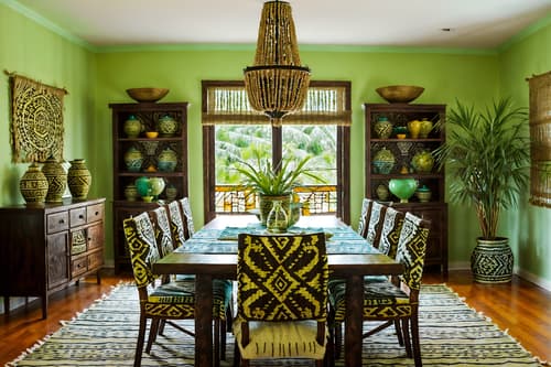 photo from pinterest of tribal-style interior designed (dining room interior) with light or chandelier and bookshelves and dining table and table cloth and dining table chairs and painting or photo on wall and vase and plant. . with hand dyed batik fabrics and intricate grass weaving and animal prints and exuberant splashes of colour and smooth worn timbers and desert colours and tribal patterns and animal furslinen. . cinematic photo, highly detailed, cinematic lighting, ultra-detailed, ultrarealistic, photorealism, 8k. trending on pinterest. tribal interior design style. masterpiece, cinematic light, ultrarealistic+, photorealistic+, 8k, raw photo, realistic, sharp focus on eyes, (symmetrical eyes), (intact eyes), hyperrealistic, highest quality, best quality, , highly detailed, masterpiece, best quality, extremely detailed 8k wallpaper, masterpiece, best quality, ultra-detailed, best shadow, detailed background, detailed face, detailed eyes, high contrast, best illumination, detailed face, dulux, caustic, dynamic angle, detailed glow. dramatic lighting. highly detailed, insanely detailed hair, symmetrical, intricate details, professionally retouched, 8k high definition. strong bokeh. award winning photo.