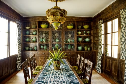 photo from pinterest of tribal-style interior designed (dining room interior) with light or chandelier and bookshelves and dining table and table cloth and dining table chairs and painting or photo on wall and vase and plant. . with hand dyed batik fabrics and intricate grass weaving and animal prints and exuberant splashes of colour and smooth worn timbers and desert colours and tribal patterns and animal furslinen. . cinematic photo, highly detailed, cinematic lighting, ultra-detailed, ultrarealistic, photorealism, 8k. trending on pinterest. tribal interior design style. masterpiece, cinematic light, ultrarealistic+, photorealistic+, 8k, raw photo, realistic, sharp focus on eyes, (symmetrical eyes), (intact eyes), hyperrealistic, highest quality, best quality, , highly detailed, masterpiece, best quality, extremely detailed 8k wallpaper, masterpiece, best quality, ultra-detailed, best shadow, detailed background, detailed face, detailed eyes, high contrast, best illumination, detailed face, dulux, caustic, dynamic angle, detailed glow. dramatic lighting. highly detailed, insanely detailed hair, symmetrical, intricate details, professionally retouched, 8k high definition. strong bokeh. award winning photo.