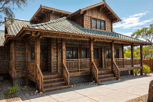 photo from pinterest of tribal-style exterior designed (house exterior exterior) . with exuberant splashes of colour and animal prints and smooth worn timbers and sculptures and artworks and tribal patterns and planks of stone and hand dyed batik fabrics and desert colours. . cinematic photo, highly detailed, cinematic lighting, ultra-detailed, ultrarealistic, photorealism, 8k. trending on pinterest. tribal exterior design style. masterpiece, cinematic light, ultrarealistic+, photorealistic+, 8k, raw photo, realistic, sharp focus on eyes, (symmetrical eyes), (intact eyes), hyperrealistic, highest quality, best quality, , highly detailed, masterpiece, best quality, extremely detailed 8k wallpaper, masterpiece, best quality, ultra-detailed, best shadow, detailed background, detailed face, detailed eyes, high contrast, best illumination, detailed face, dulux, caustic, dynamic angle, detailed glow. dramatic lighting. highly detailed, insanely detailed hair, symmetrical, intricate details, professionally retouched, 8k high definition. strong bokeh. award winning photo.