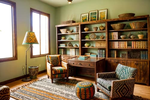 photo from pinterest of tribal-style interior designed (study room interior) with desk lamp and office chair and lounge chair and plant and cabinets and bookshelves and writing desk and desk lamp. . with desert colours and hand dyed batik fabrics and tribal revival and animal prints and animal furslinen and exuberant splashes of colour and smooth worn timbers and planks of stone. . cinematic photo, highly detailed, cinematic lighting, ultra-detailed, ultrarealistic, photorealism, 8k. trending on pinterest. tribal interior design style. masterpiece, cinematic light, ultrarealistic+, photorealistic+, 8k, raw photo, realistic, sharp focus on eyes, (symmetrical eyes), (intact eyes), hyperrealistic, highest quality, best quality, , highly detailed, masterpiece, best quality, extremely detailed 8k wallpaper, masterpiece, best quality, ultra-detailed, best shadow, detailed background, detailed face, detailed eyes, high contrast, best illumination, detailed face, dulux, caustic, dynamic angle, detailed glow. dramatic lighting. highly detailed, insanely detailed hair, symmetrical, intricate details, professionally retouched, 8k high definition. strong bokeh. award winning photo.