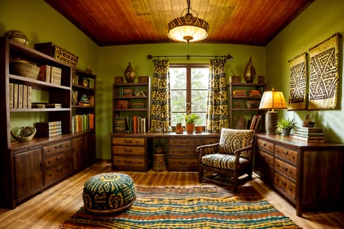 photo from pinterest of tribal-style interior designed (study room interior) with desk lamp and office chair and lounge chair and plant and cabinets and bookshelves and writing desk and desk lamp. . with desert colours and hand dyed batik fabrics and tribal revival and animal prints and animal furslinen and exuberant splashes of colour and smooth worn timbers and planks of stone. . cinematic photo, highly detailed, cinematic lighting, ultra-detailed, ultrarealistic, photorealism, 8k. trending on pinterest. tribal interior design style. masterpiece, cinematic light, ultrarealistic+, photorealistic+, 8k, raw photo, realistic, sharp focus on eyes, (symmetrical eyes), (intact eyes), hyperrealistic, highest quality, best quality, , highly detailed, masterpiece, best quality, extremely detailed 8k wallpaper, masterpiece, best quality, ultra-detailed, best shadow, detailed background, detailed face, detailed eyes, high contrast, best illumination, detailed face, dulux, caustic, dynamic angle, detailed glow. dramatic lighting. highly detailed, insanely detailed hair, symmetrical, intricate details, professionally retouched, 8k high definition. strong bokeh. award winning photo.