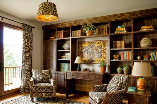 photo from pinterest of tribal-style interior designed (study room interior) with desk lamp and office chair and lounge chair and plant and cabinets and bookshelves and writing desk and desk lamp. . with desert colours and hand dyed batik fabrics and tribal revival and animal prints and animal furslinen and exuberant splashes of colour and smooth worn timbers and planks of stone. . cinematic photo, highly detailed, cinematic lighting, ultra-detailed, ultrarealistic, photorealism, 8k. trending on pinterest. tribal interior design style. masterpiece, cinematic light, ultrarealistic+, photorealistic+, 8k, raw photo, realistic, sharp focus on eyes, (symmetrical eyes), (intact eyes), hyperrealistic, highest quality, best quality, , highly detailed, masterpiece, best quality, extremely detailed 8k wallpaper, masterpiece, best quality, ultra-detailed, best shadow, detailed background, detailed face, detailed eyes, high contrast, best illumination, detailed face, dulux, caustic, dynamic angle, detailed glow. dramatic lighting. highly detailed, insanely detailed hair, symmetrical, intricate details, professionally retouched, 8k high definition. strong bokeh. award winning photo.