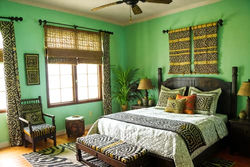 photo from pinterest of tribal-style interior designed (bedroom interior) with dresser closet and plant and night light and accent chair and headboard and bed and mirror and storage bench or ottoman. . with hand dyed batik fabrics and intricate grass weaving and exuberant splashes of colour and tribal patterns and animal prints and tribal revival and animal furslinen and planks of stone. . cinematic photo, highly detailed, cinematic lighting, ultra-detailed, ultrarealistic, photorealism, 8k. trending on pinterest. tribal interior design style. masterpiece, cinematic light, ultrarealistic+, photorealistic+, 8k, raw photo, realistic, sharp focus on eyes, (symmetrical eyes), (intact eyes), hyperrealistic, highest quality, best quality, , highly detailed, masterpiece, best quality, extremely detailed 8k wallpaper, masterpiece, best quality, ultra-detailed, best shadow, detailed background, detailed face, detailed eyes, high contrast, best illumination, detailed face, dulux, caustic, dynamic angle, detailed glow. dramatic lighting. highly detailed, insanely detailed hair, symmetrical, intricate details, professionally retouched, 8k high definition. strong bokeh. award winning photo.