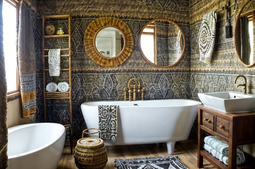 photo from pinterest of tribal-style interior designed (bathroom interior) with plant and bathroom cabinet and mirror and bath towel and toilet seat and bathroom sink with faucet and waste basket and bathtub. . with animal prints and planks of stone and tribal patterns and desert colours and animal furslinen and sculptures and artworks and exuberant splashes of colour and hand dyed batik fabrics. . cinematic photo, highly detailed, cinematic lighting, ultra-detailed, ultrarealistic, photorealism, 8k. trending on pinterest. tribal interior design style. masterpiece, cinematic light, ultrarealistic+, photorealistic+, 8k, raw photo, realistic, sharp focus on eyes, (symmetrical eyes), (intact eyes), hyperrealistic, highest quality, best quality, , highly detailed, masterpiece, best quality, extremely detailed 8k wallpaper, masterpiece, best quality, ultra-detailed, best shadow, detailed background, detailed face, detailed eyes, high contrast, best illumination, detailed face, dulux, caustic, dynamic angle, detailed glow. dramatic lighting. highly detailed, insanely detailed hair, symmetrical, intricate details, professionally retouched, 8k high definition. strong bokeh. award winning photo.