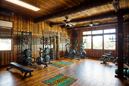 photo from pinterest of tribal-style interior designed (fitness gym interior) with dumbbell stand and exercise bicycle and bench press and crosstrainer and squat rack and dumbbell stand. . with tribal revival and hand dyed batik fabrics and smooth worn timbers and desert colours and exuberant splashes of colour and planks of stone and tribal patterns and animal furslinen. . cinematic photo, highly detailed, cinematic lighting, ultra-detailed, ultrarealistic, photorealism, 8k. trending on pinterest. tribal interior design style. masterpiece, cinematic light, ultrarealistic+, photorealistic+, 8k, raw photo, realistic, sharp focus on eyes, (symmetrical eyes), (intact eyes), hyperrealistic, highest quality, best quality, , highly detailed, masterpiece, best quality, extremely detailed 8k wallpaper, masterpiece, best quality, ultra-detailed, best shadow, detailed background, detailed face, detailed eyes, high contrast, best illumination, detailed face, dulux, caustic, dynamic angle, detailed glow. dramatic lighting. highly detailed, insanely detailed hair, symmetrical, intricate details, professionally retouched, 8k high definition. strong bokeh. award winning photo.