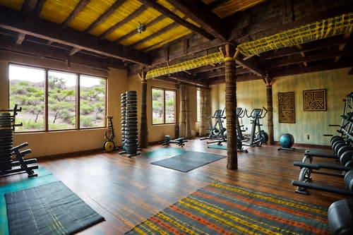 photo from pinterest of tribal-style interior designed (fitness gym interior) with dumbbell stand and exercise bicycle and bench press and crosstrainer and squat rack and dumbbell stand. . with tribal revival and hand dyed batik fabrics and smooth worn timbers and desert colours and exuberant splashes of colour and planks of stone and tribal patterns and animal furslinen. . cinematic photo, highly detailed, cinematic lighting, ultra-detailed, ultrarealistic, photorealism, 8k. trending on pinterest. tribal interior design style. masterpiece, cinematic light, ultrarealistic+, photorealistic+, 8k, raw photo, realistic, sharp focus on eyes, (symmetrical eyes), (intact eyes), hyperrealistic, highest quality, best quality, , highly detailed, masterpiece, best quality, extremely detailed 8k wallpaper, masterpiece, best quality, ultra-detailed, best shadow, detailed background, detailed face, detailed eyes, high contrast, best illumination, detailed face, dulux, caustic, dynamic angle, detailed glow. dramatic lighting. highly detailed, insanely detailed hair, symmetrical, intricate details, professionally retouched, 8k high definition. strong bokeh. award winning photo.