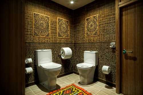 photo from pinterest of tribal-style interior designed (toilet interior) with sink with tap and toilet with toilet seat up and toilet paper hanger and sink with tap. . with exuberant splashes of colour and desert colours and animal prints and intricate grass weaving and tribal revival and animal furslinen and tribal patterns and sculptures and artworks. . cinematic photo, highly detailed, cinematic lighting, ultra-detailed, ultrarealistic, photorealism, 8k. trending on pinterest. tribal interior design style. masterpiece, cinematic light, ultrarealistic+, photorealistic+, 8k, raw photo, realistic, sharp focus on eyes, (symmetrical eyes), (intact eyes), hyperrealistic, highest quality, best quality, , highly detailed, masterpiece, best quality, extremely detailed 8k wallpaper, masterpiece, best quality, ultra-detailed, best shadow, detailed background, detailed face, detailed eyes, high contrast, best illumination, detailed face, dulux, caustic, dynamic angle, detailed glow. dramatic lighting. highly detailed, insanely detailed hair, symmetrical, intricate details, professionally retouched, 8k high definition. strong bokeh. award winning photo.