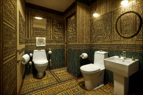 photo from pinterest of tribal-style interior designed (toilet interior) with sink with tap and toilet with toilet seat up and toilet paper hanger and sink with tap. . with exuberant splashes of colour and desert colours and animal prints and intricate grass weaving and tribal revival and animal furslinen and tribal patterns and sculptures and artworks. . cinematic photo, highly detailed, cinematic lighting, ultra-detailed, ultrarealistic, photorealism, 8k. trending on pinterest. tribal interior design style. masterpiece, cinematic light, ultrarealistic+, photorealistic+, 8k, raw photo, realistic, sharp focus on eyes, (symmetrical eyes), (intact eyes), hyperrealistic, highest quality, best quality, , highly detailed, masterpiece, best quality, extremely detailed 8k wallpaper, masterpiece, best quality, ultra-detailed, best shadow, detailed background, detailed face, detailed eyes, high contrast, best illumination, detailed face, dulux, caustic, dynamic angle, detailed glow. dramatic lighting. highly detailed, insanely detailed hair, symmetrical, intricate details, professionally retouched, 8k high definition. strong bokeh. award winning photo.