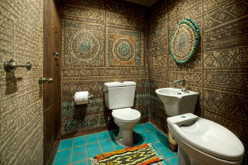 photo from pinterest of tribal-style interior designed (toilet interior) with sink with tap and toilet with toilet seat up and toilet paper hanger and sink with tap. . with exuberant splashes of colour and desert colours and animal prints and intricate grass weaving and tribal revival and animal furslinen and tribal patterns and sculptures and artworks. . cinematic photo, highly detailed, cinematic lighting, ultra-detailed, ultrarealistic, photorealism, 8k. trending on pinterest. tribal interior design style. masterpiece, cinematic light, ultrarealistic+, photorealistic+, 8k, raw photo, realistic, sharp focus on eyes, (symmetrical eyes), (intact eyes), hyperrealistic, highest quality, best quality, , highly detailed, masterpiece, best quality, extremely detailed 8k wallpaper, masterpiece, best quality, ultra-detailed, best shadow, detailed background, detailed face, detailed eyes, high contrast, best illumination, detailed face, dulux, caustic, dynamic angle, detailed glow. dramatic lighting. highly detailed, insanely detailed hair, symmetrical, intricate details, professionally retouched, 8k high definition. strong bokeh. award winning photo.