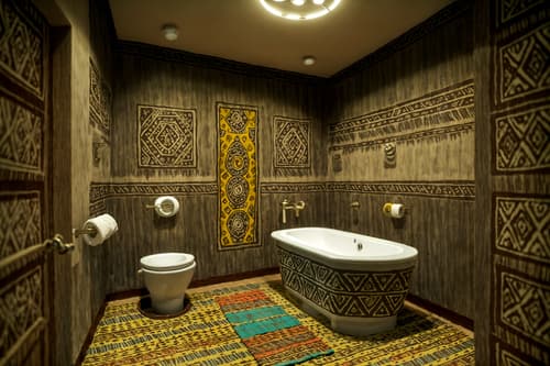 photo from pinterest of tribal-style interior designed (toilet interior) with sink with tap and toilet with toilet seat up and toilet paper hanger and sink with tap. . with exuberant splashes of colour and desert colours and animal prints and intricate grass weaving and tribal revival and animal furslinen and tribal patterns and sculptures and artworks. . cinematic photo, highly detailed, cinematic lighting, ultra-detailed, ultrarealistic, photorealism, 8k. trending on pinterest. tribal interior design style. masterpiece, cinematic light, ultrarealistic+, photorealistic+, 8k, raw photo, realistic, sharp focus on eyes, (symmetrical eyes), (intact eyes), hyperrealistic, highest quality, best quality, , highly detailed, masterpiece, best quality, extremely detailed 8k wallpaper, masterpiece, best quality, ultra-detailed, best shadow, detailed background, detailed face, detailed eyes, high contrast, best illumination, detailed face, dulux, caustic, dynamic angle, detailed glow. dramatic lighting. highly detailed, insanely detailed hair, symmetrical, intricate details, professionally retouched, 8k high definition. strong bokeh. award winning photo.