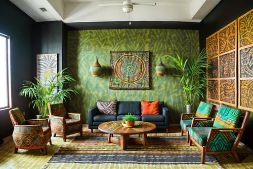 photo from pinterest of tribal-style interior designed (coworking space interior) with office chairs and seating area with sofa and office desks and lounge chairs and office chairs. . with exuberant splashes of colour and animal furslinen and sculptures and artworks and hand dyed batik fabrics and animal prints and tribal patterns and intricate grass weaving and planks of stone. . cinematic photo, highly detailed, cinematic lighting, ultra-detailed, ultrarealistic, photorealism, 8k. trending on pinterest. tribal interior design style. masterpiece, cinematic light, ultrarealistic+, photorealistic+, 8k, raw photo, realistic, sharp focus on eyes, (symmetrical eyes), (intact eyes), hyperrealistic, highest quality, best quality, , highly detailed, masterpiece, best quality, extremely detailed 8k wallpaper, masterpiece, best quality, ultra-detailed, best shadow, detailed background, detailed face, detailed eyes, high contrast, best illumination, detailed face, dulux, caustic, dynamic angle, detailed glow. dramatic lighting. highly detailed, insanely detailed hair, symmetrical, intricate details, professionally retouched, 8k high definition. strong bokeh. award winning photo.