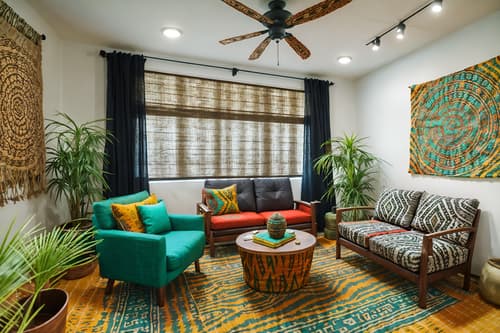 photo from pinterest of tribal-style interior designed (coworking space interior) with office chairs and seating area with sofa and office desks and lounge chairs and office chairs. . with exuberant splashes of colour and animal furslinen and sculptures and artworks and hand dyed batik fabrics and animal prints and tribal patterns and intricate grass weaving and planks of stone. . cinematic photo, highly detailed, cinematic lighting, ultra-detailed, ultrarealistic, photorealism, 8k. trending on pinterest. tribal interior design style. masterpiece, cinematic light, ultrarealistic+, photorealistic+, 8k, raw photo, realistic, sharp focus on eyes, (symmetrical eyes), (intact eyes), hyperrealistic, highest quality, best quality, , highly detailed, masterpiece, best quality, extremely detailed 8k wallpaper, masterpiece, best quality, ultra-detailed, best shadow, detailed background, detailed face, detailed eyes, high contrast, best illumination, detailed face, dulux, caustic, dynamic angle, detailed glow. dramatic lighting. highly detailed, insanely detailed hair, symmetrical, intricate details, professionally retouched, 8k high definition. strong bokeh. award winning photo.