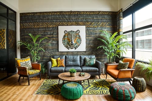 photo from pinterest of tribal-style interior designed (coworking space interior) with office chairs and seating area with sofa and office desks and lounge chairs and office chairs. . with exuberant splashes of colour and animal furslinen and sculptures and artworks and hand dyed batik fabrics and animal prints and tribal patterns and intricate grass weaving and planks of stone. . cinematic photo, highly detailed, cinematic lighting, ultra-detailed, ultrarealistic, photorealism, 8k. trending on pinterest. tribal interior design style. masterpiece, cinematic light, ultrarealistic+, photorealistic+, 8k, raw photo, realistic, sharp focus on eyes, (symmetrical eyes), (intact eyes), hyperrealistic, highest quality, best quality, , highly detailed, masterpiece, best quality, extremely detailed 8k wallpaper, masterpiece, best quality, ultra-detailed, best shadow, detailed background, detailed face, detailed eyes, high contrast, best illumination, detailed face, dulux, caustic, dynamic angle, detailed glow. dramatic lighting. highly detailed, insanely detailed hair, symmetrical, intricate details, professionally retouched, 8k high definition. strong bokeh. award winning photo.