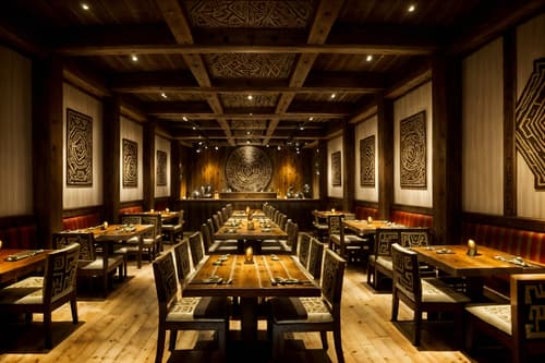 photo from pinterest of tribal-style interior designed (restaurant interior) with restaurant decor and restaurant dining tables and restaurant bar and restaurant chairs and restaurant decor. . with tribal patterns and animal furslinen and smooth worn timbers and intricate grass weaving and planks of stone and animal prints and sculptures and artworks and desert colours. . cinematic photo, highly detailed, cinematic lighting, ultra-detailed, ultrarealistic, photorealism, 8k. trending on pinterest. tribal interior design style. masterpiece, cinematic light, ultrarealistic+, photorealistic+, 8k, raw photo, realistic, sharp focus on eyes, (symmetrical eyes), (intact eyes), hyperrealistic, highest quality, best quality, , highly detailed, masterpiece, best quality, extremely detailed 8k wallpaper, masterpiece, best quality, ultra-detailed, best shadow, detailed background, detailed face, detailed eyes, high contrast, best illumination, detailed face, dulux, caustic, dynamic angle, detailed glow. dramatic lighting. highly detailed, insanely detailed hair, symmetrical, intricate details, professionally retouched, 8k high definition. strong bokeh. award winning photo.