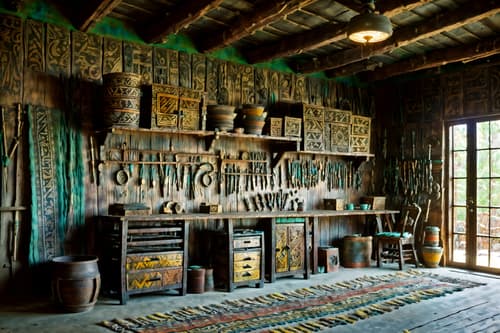 photo from pinterest of tribal-style interior designed (workshop interior) with tool wall and messy and wooden workbench and tool wall. . with tribal patterns and sculptures and artworks and planks of stone and exuberant splashes of colour and animal prints and animal furslinen and hand dyed batik fabrics and tribal revival. . cinematic photo, highly detailed, cinematic lighting, ultra-detailed, ultrarealistic, photorealism, 8k. trending on pinterest. tribal interior design style. masterpiece, cinematic light, ultrarealistic+, photorealistic+, 8k, raw photo, realistic, sharp focus on eyes, (symmetrical eyes), (intact eyes), hyperrealistic, highest quality, best quality, , highly detailed, masterpiece, best quality, extremely detailed 8k wallpaper, masterpiece, best quality, ultra-detailed, best shadow, detailed background, detailed face, detailed eyes, high contrast, best illumination, detailed face, dulux, caustic, dynamic angle, detailed glow. dramatic lighting. highly detailed, insanely detailed hair, symmetrical, intricate details, professionally retouched, 8k high definition. strong bokeh. award winning photo.