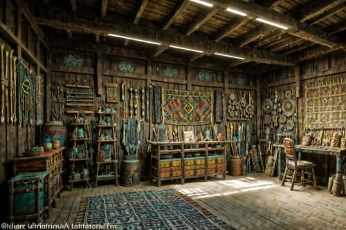 photo from pinterest of tribal-style interior designed (workshop interior) with tool wall and messy and wooden workbench and tool wall. . with tribal patterns and sculptures and artworks and planks of stone and exuberant splashes of colour and animal prints and animal furslinen and hand dyed batik fabrics and tribal revival. . cinematic photo, highly detailed, cinematic lighting, ultra-detailed, ultrarealistic, photorealism, 8k. trending on pinterest. tribal interior design style. masterpiece, cinematic light, ultrarealistic+, photorealistic+, 8k, raw photo, realistic, sharp focus on eyes, (symmetrical eyes), (intact eyes), hyperrealistic, highest quality, best quality, , highly detailed, masterpiece, best quality, extremely detailed 8k wallpaper, masterpiece, best quality, ultra-detailed, best shadow, detailed background, detailed face, detailed eyes, high contrast, best illumination, detailed face, dulux, caustic, dynamic angle, detailed glow. dramatic lighting. highly detailed, insanely detailed hair, symmetrical, intricate details, professionally retouched, 8k high definition. strong bokeh. award winning photo.