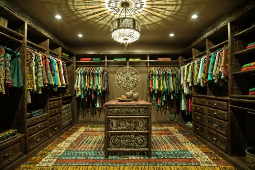 photo from pinterest of tribal-style interior designed (walk in closet interior) . with tribal revival and intricate grass weaving and exuberant splashes of colour and hand dyed batik fabrics and planks of stone and animal prints and smooth worn timbers and sculptures and artworks. . cinematic photo, highly detailed, cinematic lighting, ultra-detailed, ultrarealistic, photorealism, 8k. trending on pinterest. tribal interior design style. masterpiece, cinematic light, ultrarealistic+, photorealistic+, 8k, raw photo, realistic, sharp focus on eyes, (symmetrical eyes), (intact eyes), hyperrealistic, highest quality, best quality, , highly detailed, masterpiece, best quality, extremely detailed 8k wallpaper, masterpiece, best quality, ultra-detailed, best shadow, detailed background, detailed face, detailed eyes, high contrast, best illumination, detailed face, dulux, caustic, dynamic angle, detailed glow. dramatic lighting. highly detailed, insanely detailed hair, symmetrical, intricate details, professionally retouched, 8k high definition. strong bokeh. award winning photo.