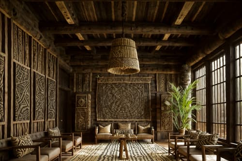 photo from pinterest of tribal-style interior designed (coffee shop interior) . with animal prints and animal furslinen and intricate grass weaving and sculptures and artworks and planks of stone and desert colours and smooth worn timbers and tribal revival. . cinematic photo, highly detailed, cinematic lighting, ultra-detailed, ultrarealistic, photorealism, 8k. trending on pinterest. tribal interior design style. masterpiece, cinematic light, ultrarealistic+, photorealistic+, 8k, raw photo, realistic, sharp focus on eyes, (symmetrical eyes), (intact eyes), hyperrealistic, highest quality, best quality, , highly detailed, masterpiece, best quality, extremely detailed 8k wallpaper, masterpiece, best quality, ultra-detailed, best shadow, detailed background, detailed face, detailed eyes, high contrast, best illumination, detailed face, dulux, caustic, dynamic angle, detailed glow. dramatic lighting. highly detailed, insanely detailed hair, symmetrical, intricate details, professionally retouched, 8k high definition. strong bokeh. award winning photo.